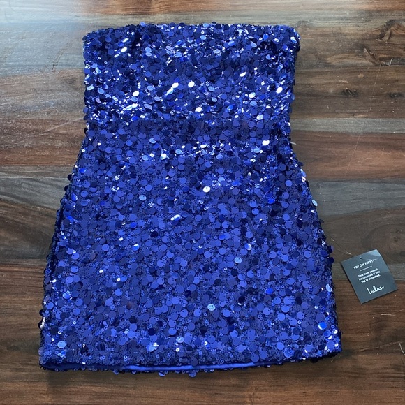 Lulus Glittery Persona Dark Blue Sequin Strapless Mini Dress - NWT - Picture 3 of 8